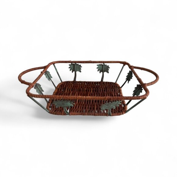 Vintage Woven Rattan & Metal Leaf Basket Tray – Rectangular with Handles - Picture 1 of 3